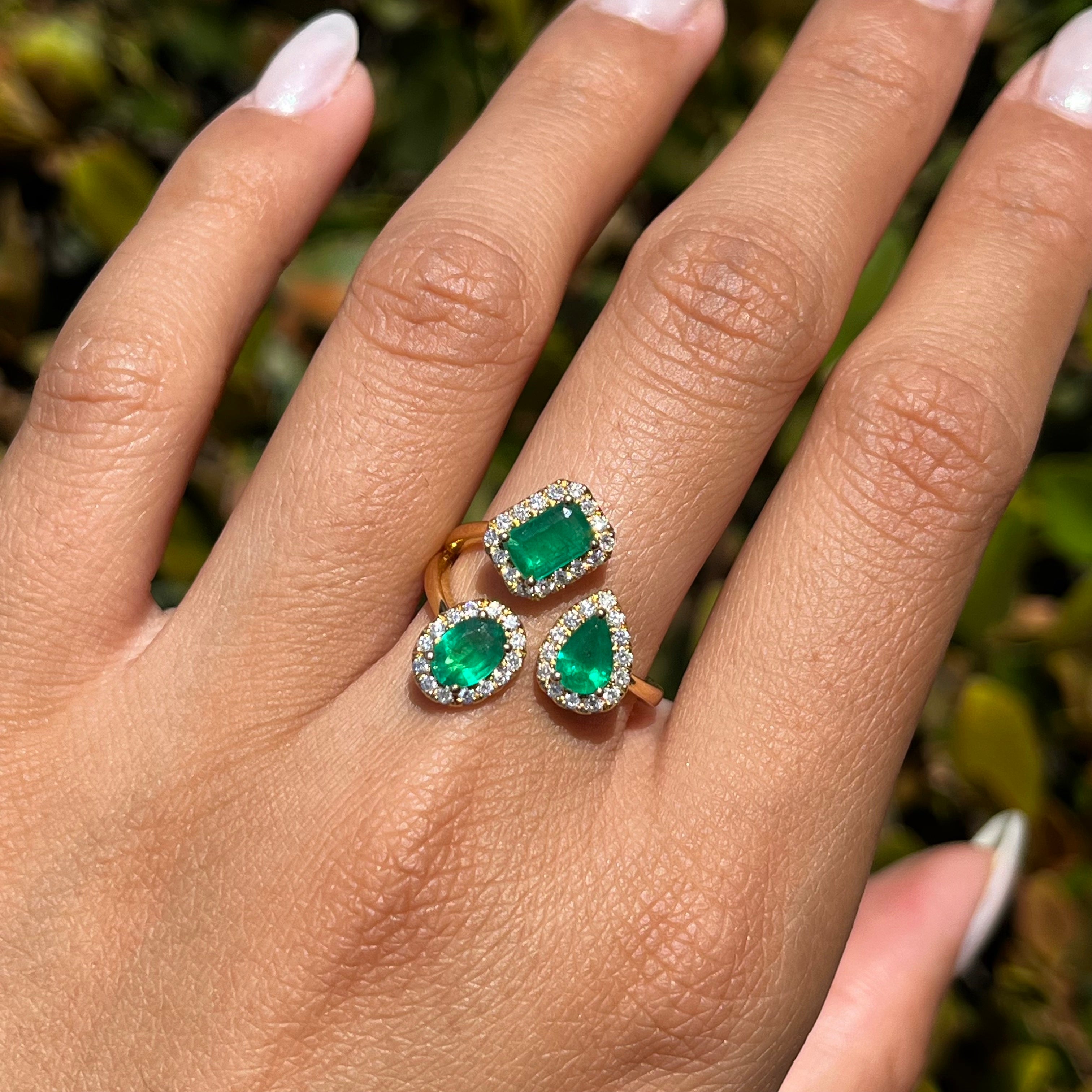 Tri Shape Emerald Halo Open Band