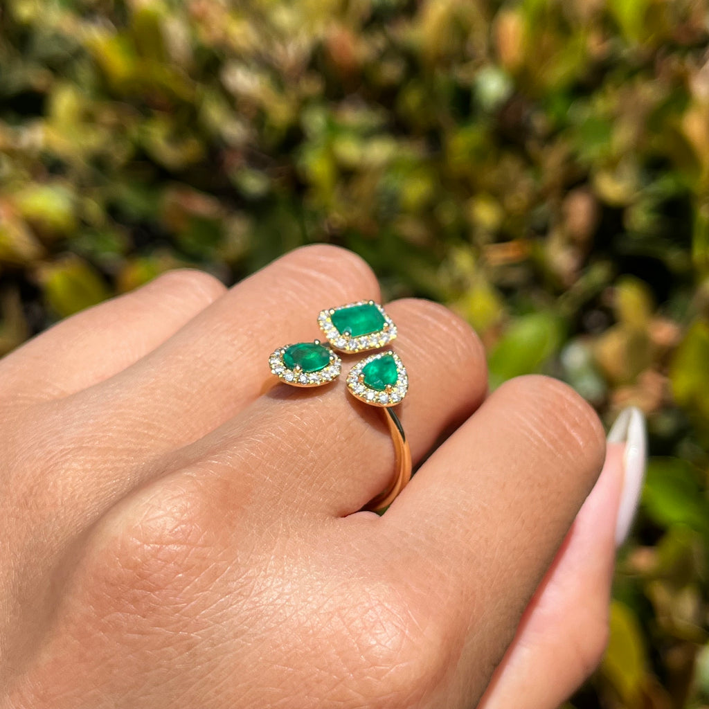 Tri Shape Emerald Halo Open Band