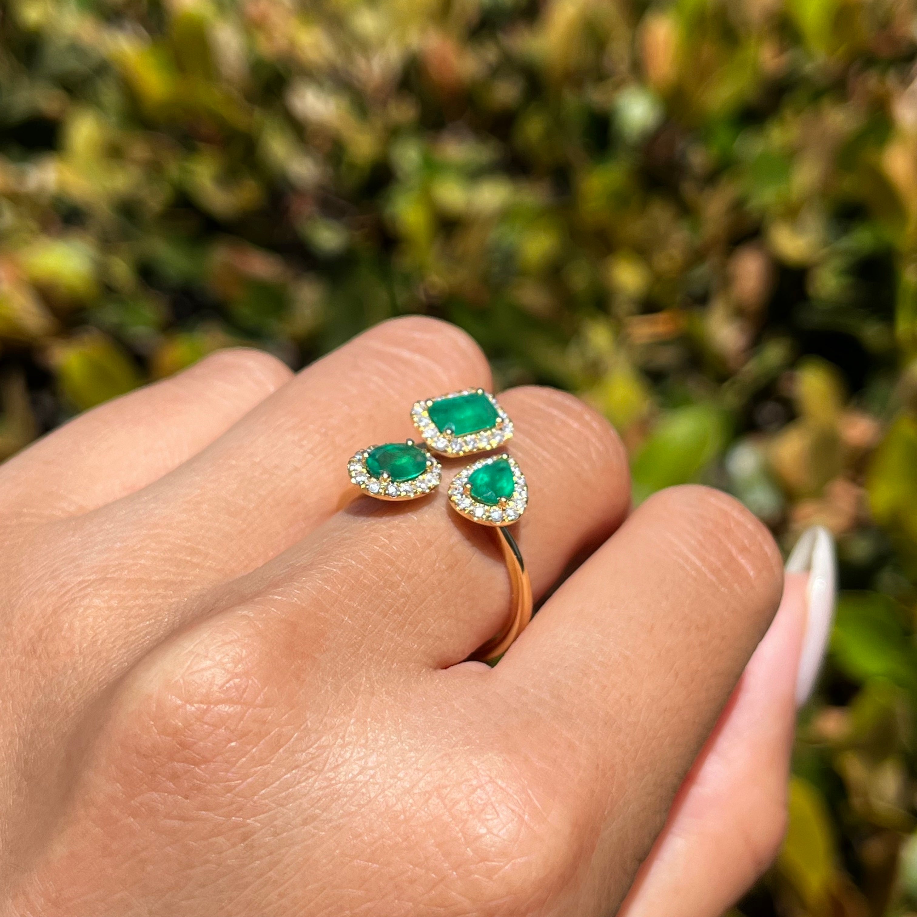 Tri Shape Emerald Halo Open Band
