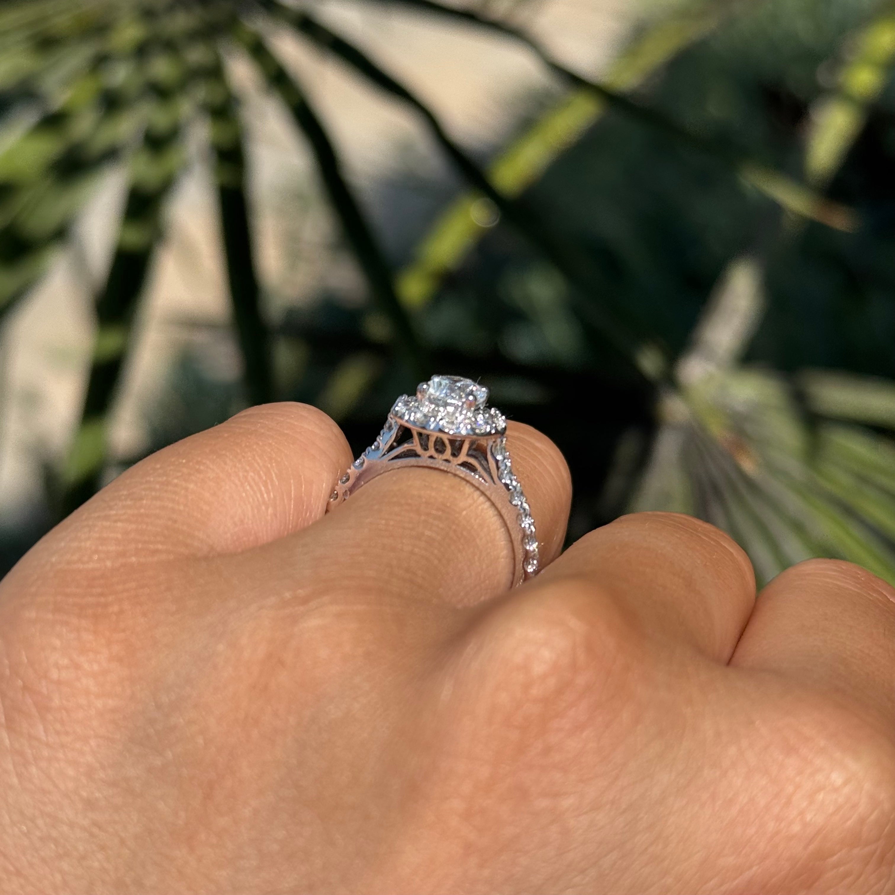 0.70 Carat Natural Round Diamond Halo Cathedral Engagement Ring