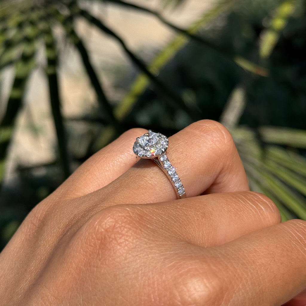 0.70 Carat Natural Round Diamond Halo Cathedral Engagement Ring