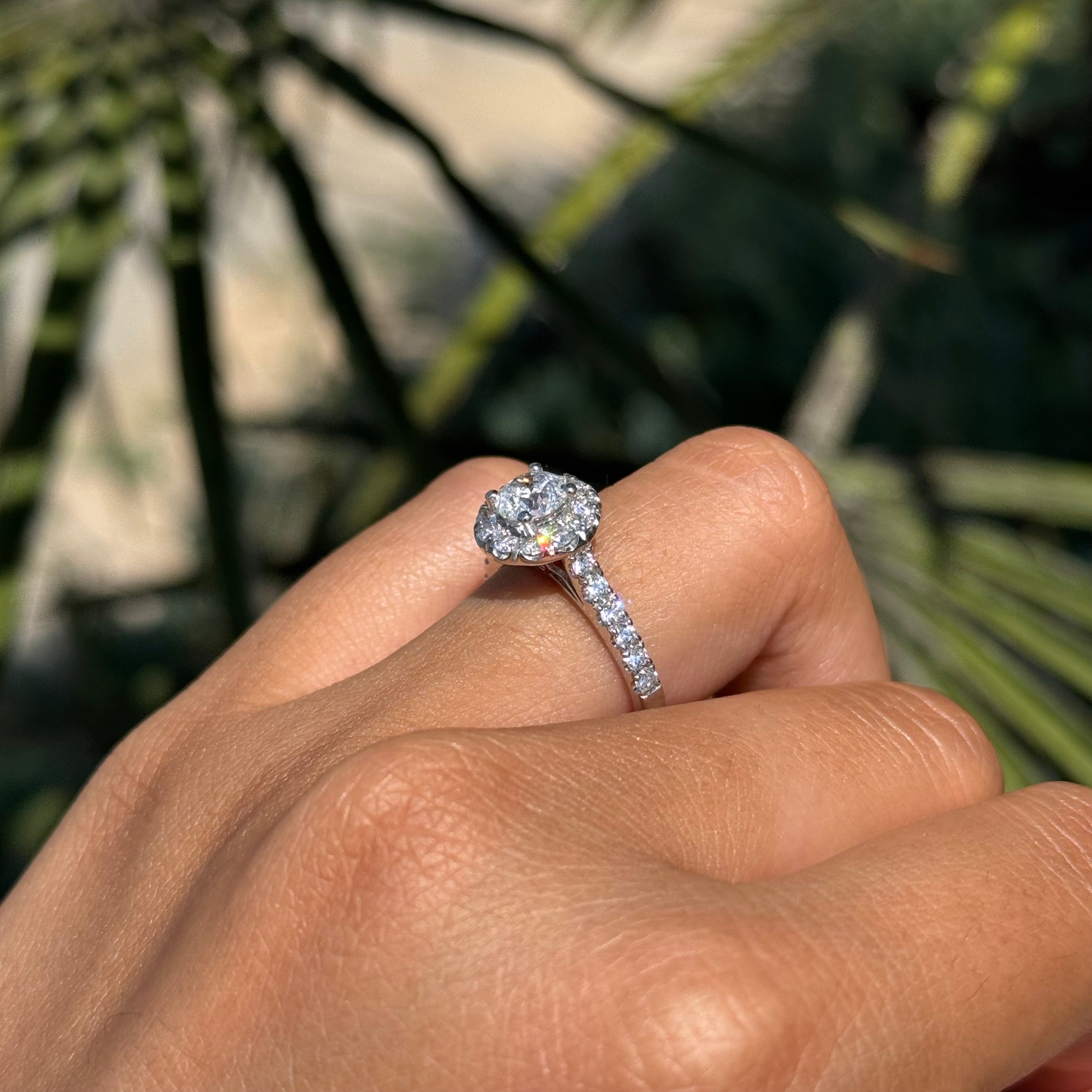 0.70 Carat Natural Round Diamond Halo Cathedral Engagement Ring