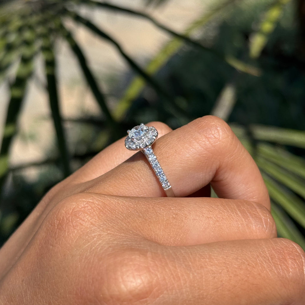 0.70 Carat Natural Round Diamond Halo Cathedral Engagement Ring