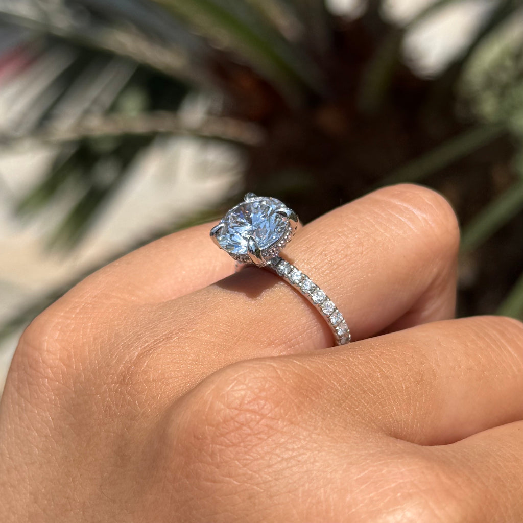 3.80 Carat Lab Grown Round Under Halo Diamond Eternity Engagement Ring