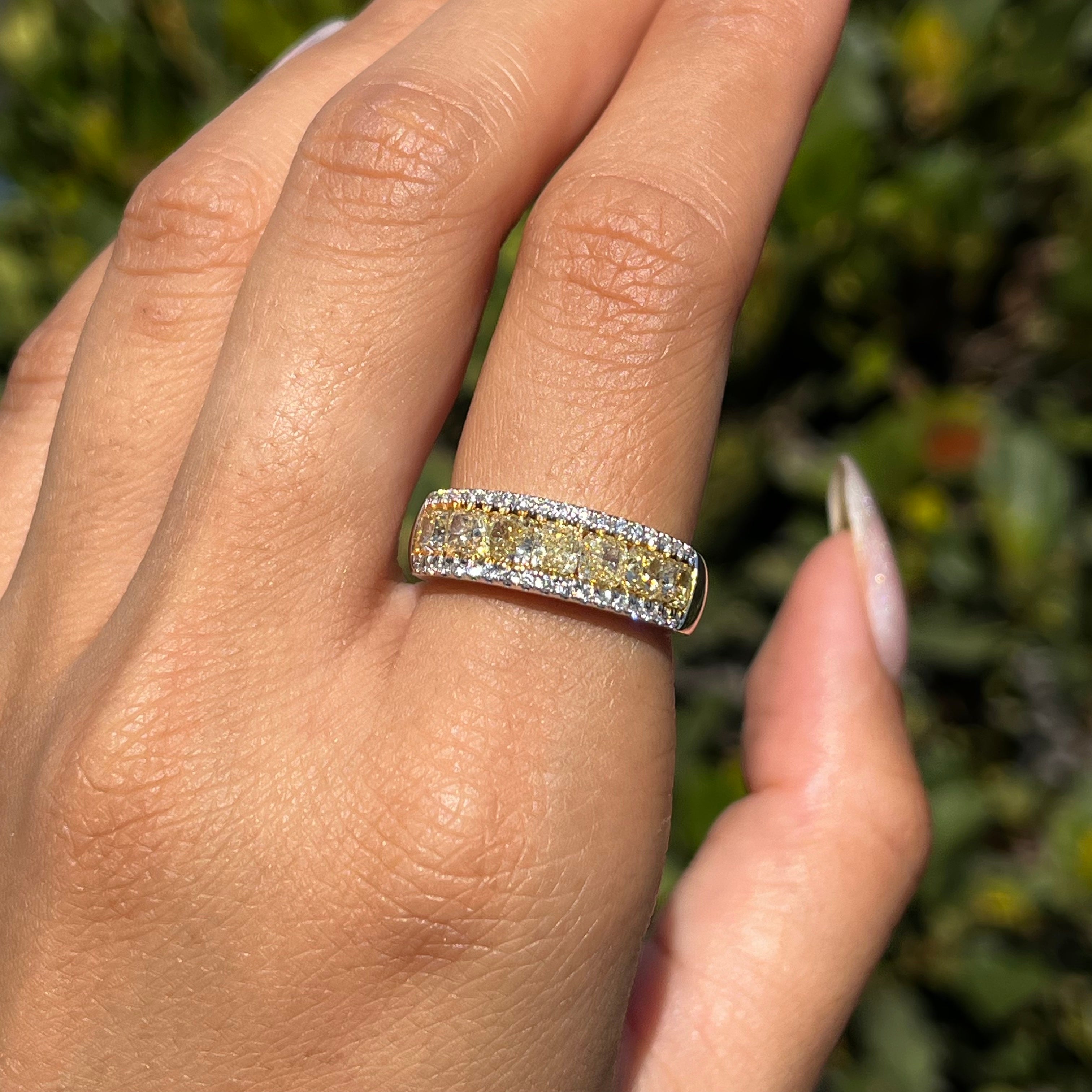 Two-Tone White and Yellow Cushion Wedding Band