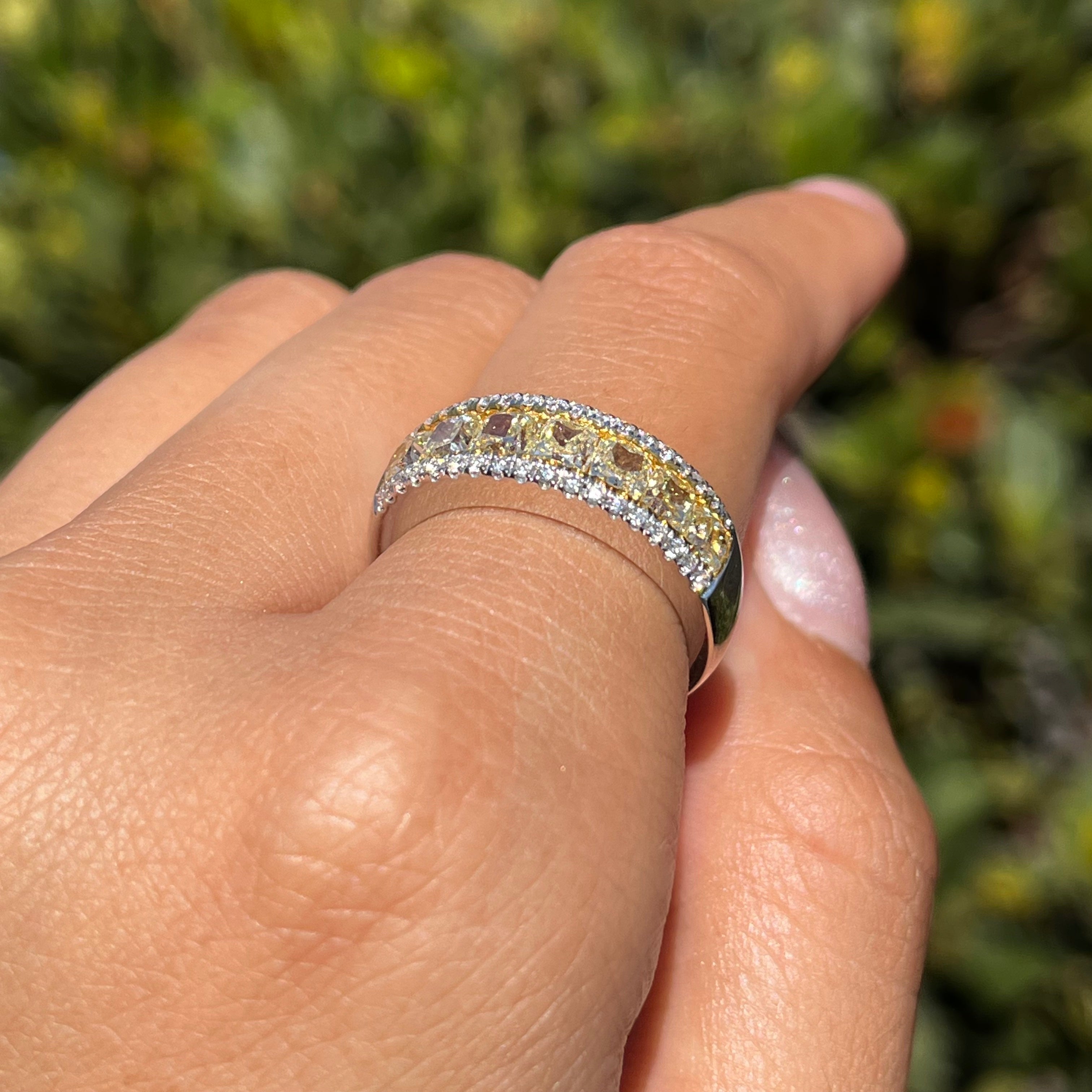 Two-Tone White and Yellow Cushion Wedding Band