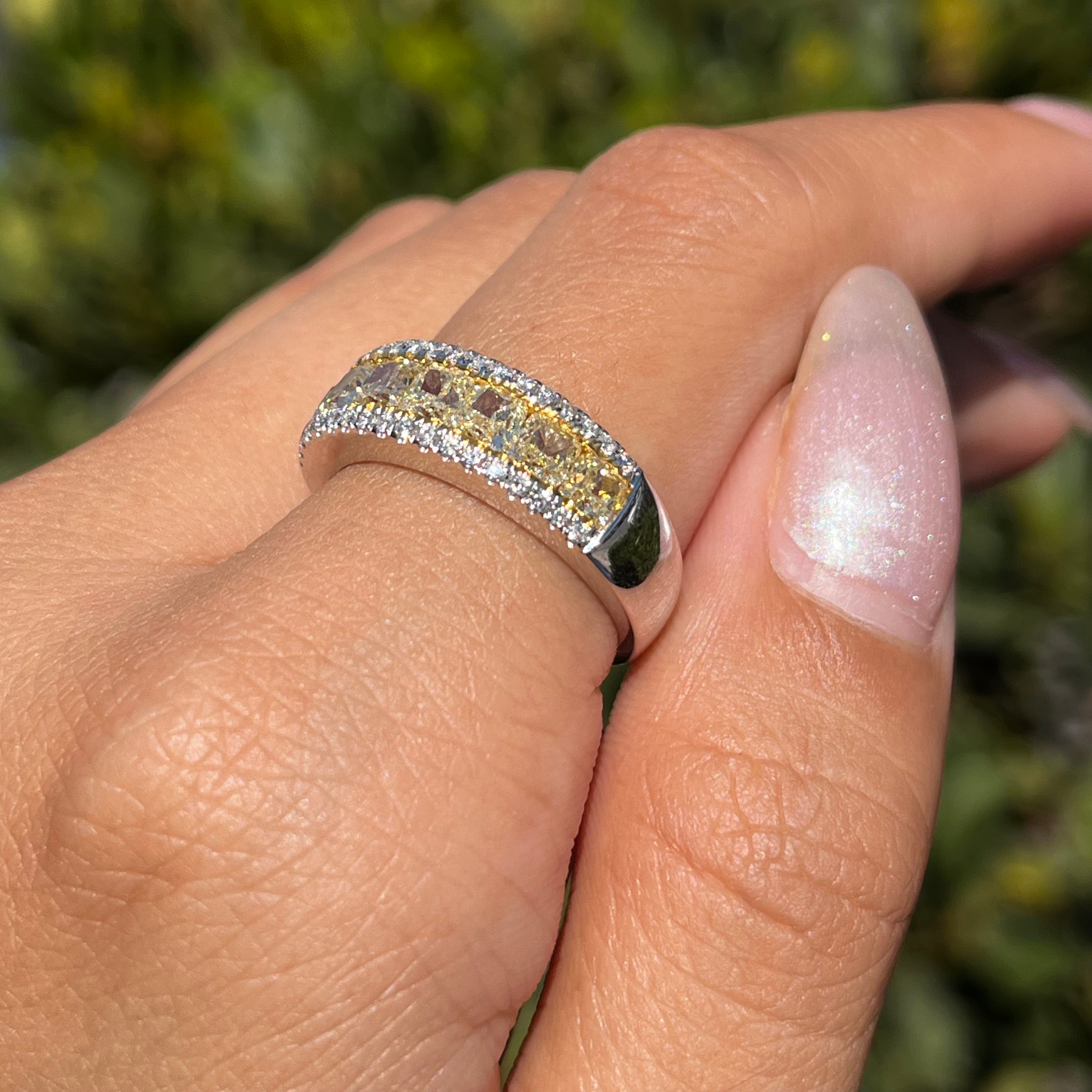 Two-Tone White and Yellow Cushion Wedding Band