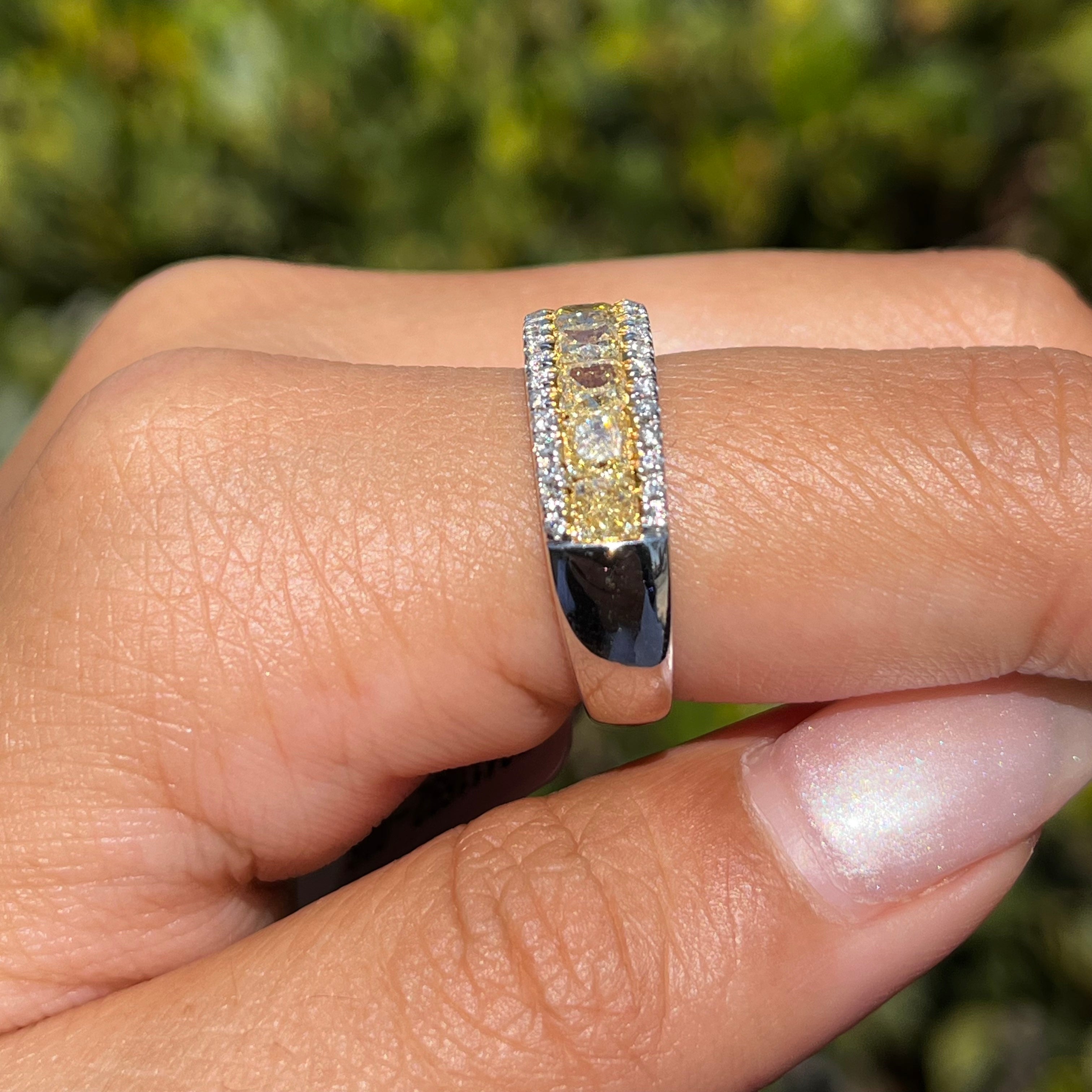 Two-Tone White and Yellow Cushion Wedding Band