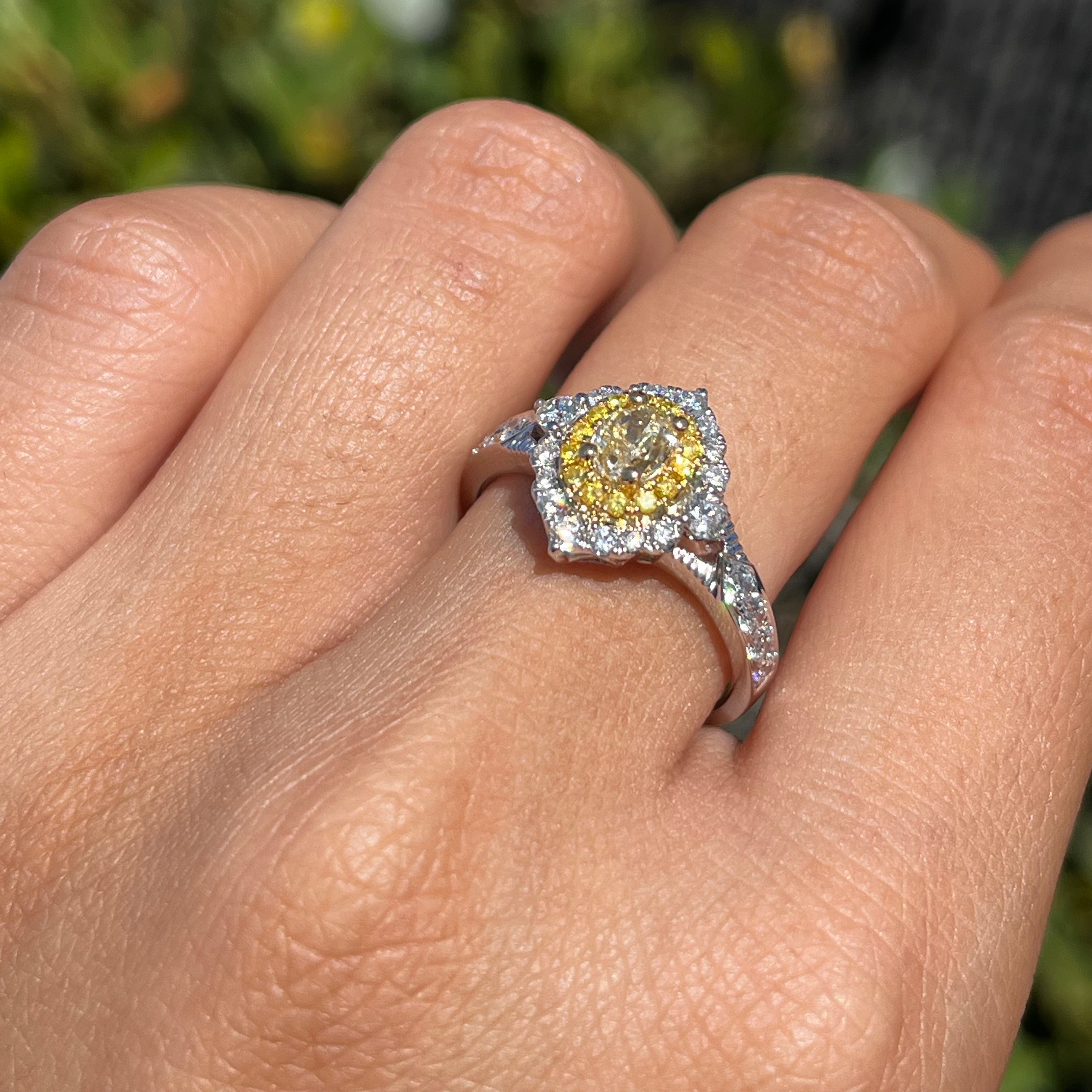 Two-Tone White and Yellow Oval Yellow Diamond Halo Art Deco Engagement Ring