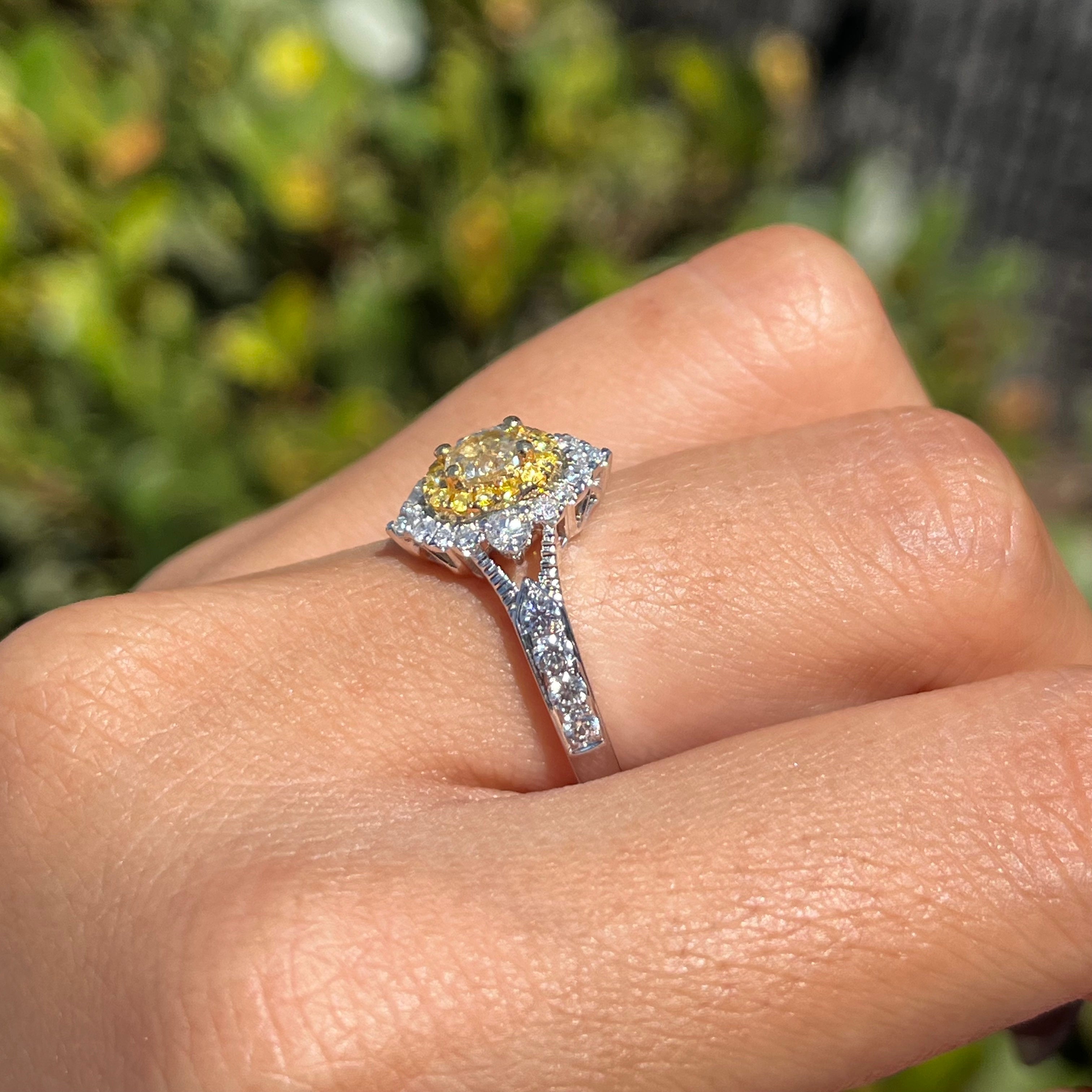 Two-Tone White and Yellow Oval Yellow Diamond Halo Art Deco Engagement Ring